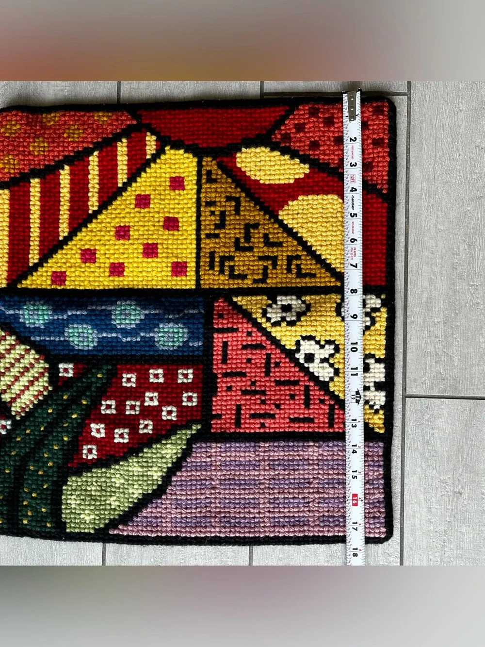2PC Vintage Needlepoint Tapestry Throw Pillows Retro Patchwork 17x16 Set of Two